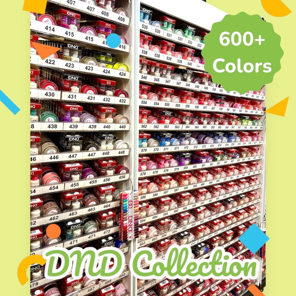 Shelves of nail supplies and polish inside a beauty store.