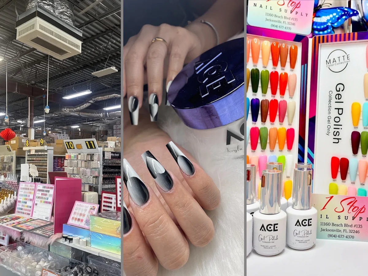 A bright aisle lined with nail products and tools.