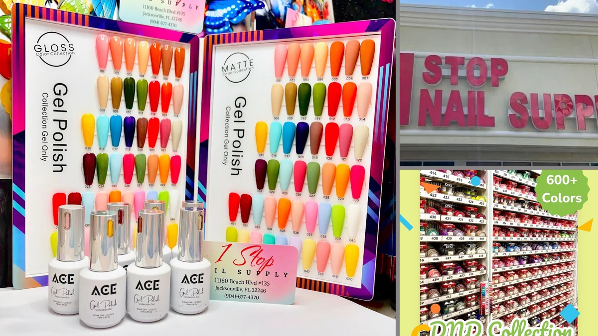 Beauty supply shelves stocked with nail care items.