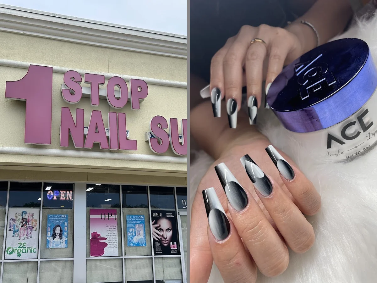 Shelves of nail supplies and polish inside a beauty store.