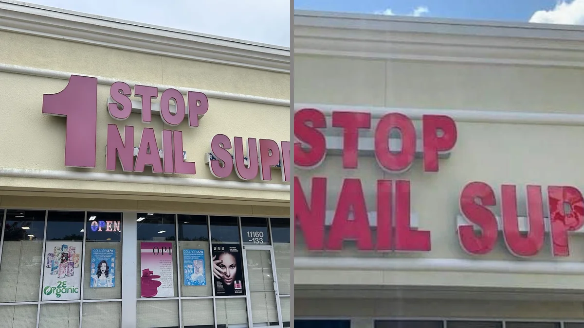 Beauty supply shelves stocked with nail care items.