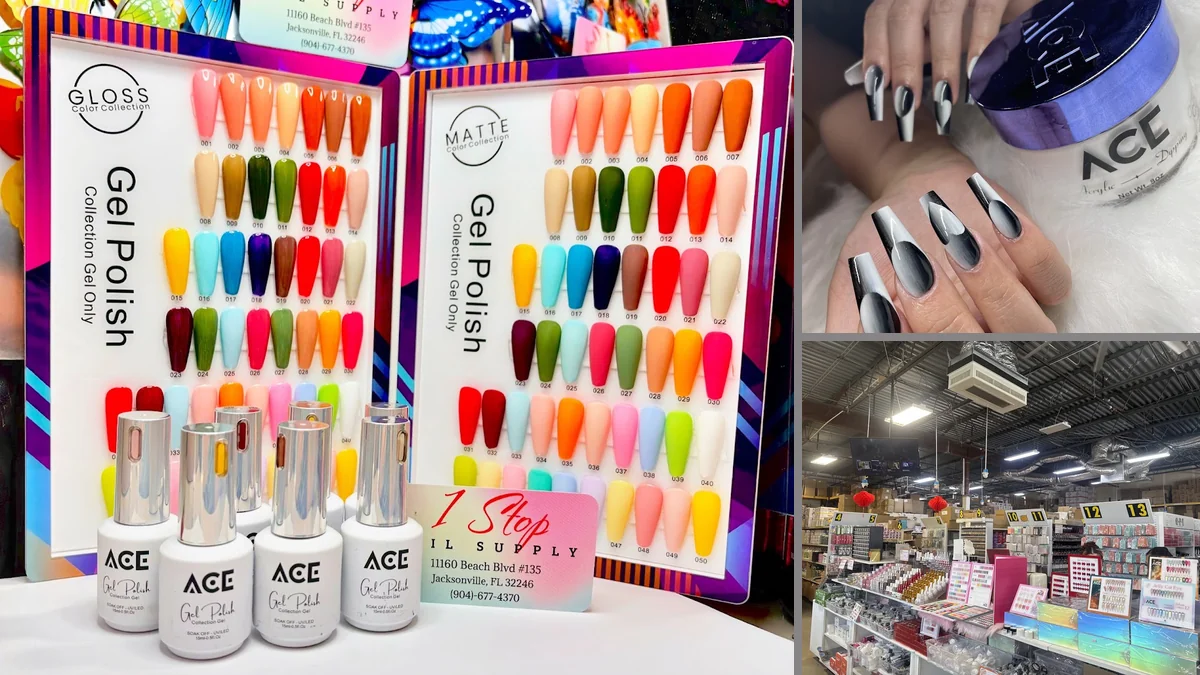 Shelves of nail supplies and polish inside a beauty store.