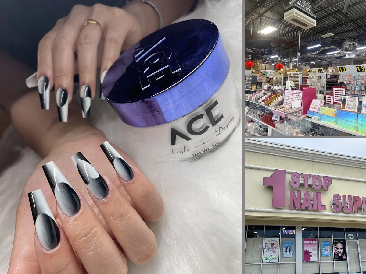 A bright aisle lined with nail products and tools.