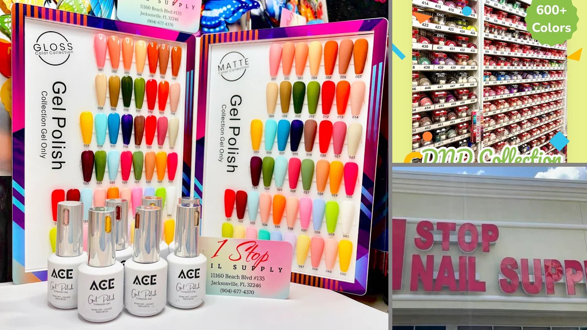 Organized display racks with manicure and pedicure supplies.
