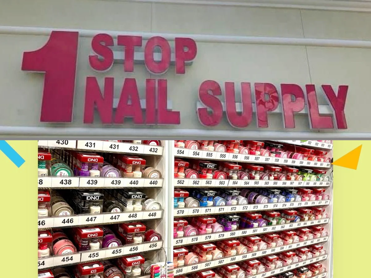 Beauty supply shelves stocked with nail care items.