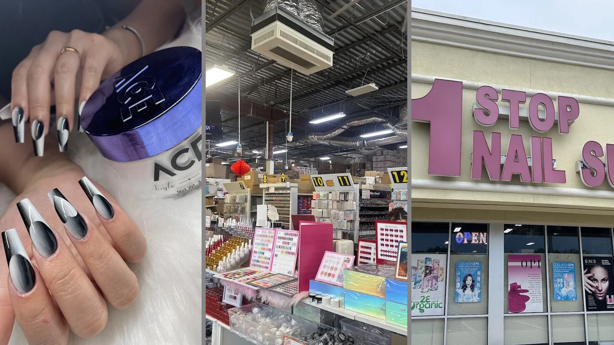 Shelves of nail supplies and polish inside a beauty store.